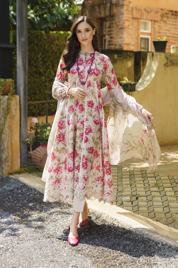 Lawn Embroidered & Lacework Stitched 3-Piece Printed Trousers & Chiffon Printed Dupatta