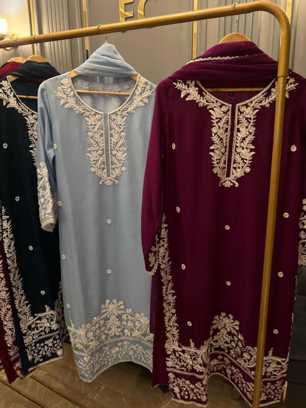 Chiffon Heavy Embroidered Front And Back With Handwork All over Shirt  Chiffon Lace Dupatta  Plain Trousers - Image 2