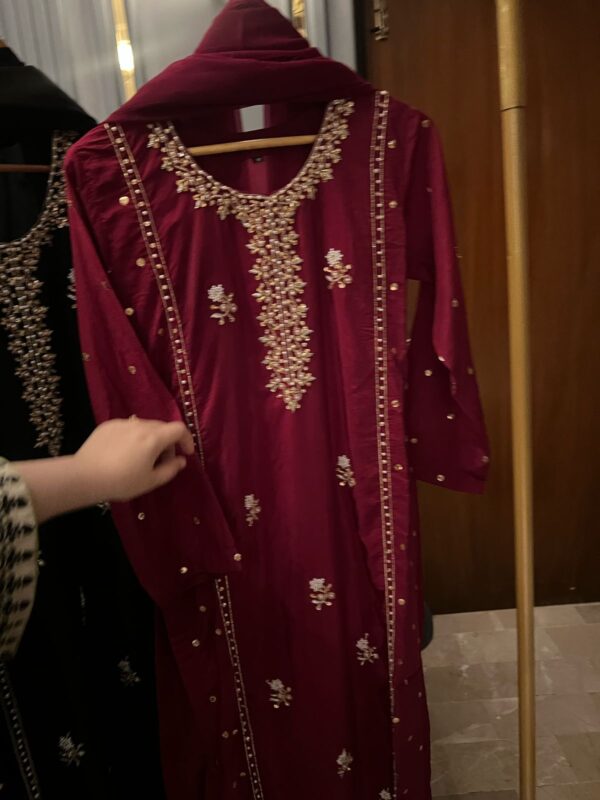 Luxury Silk 3-Piece Outfit – Handworked Heavy Neckline, Sequins & Embroidery, Chiffon Dupatta, and Silk Trousers - Image 7