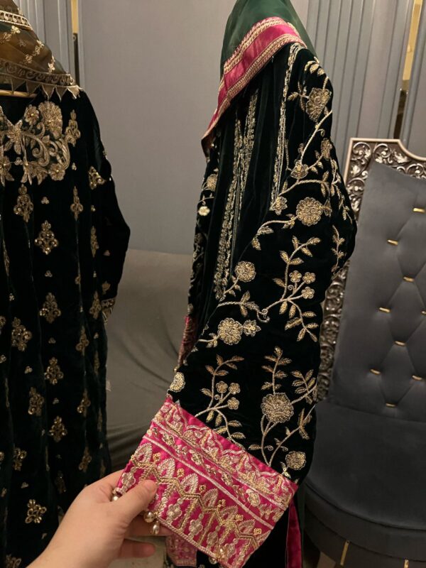 Velvet Embroidered Stitched 3-Piece Suit with Organza Dupatta & Silk Trousers - Image 5