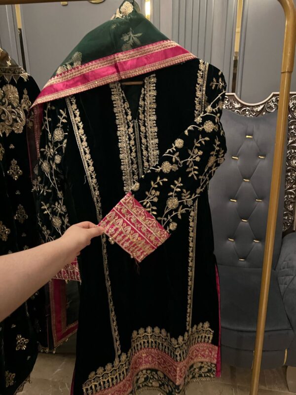 Velvet Embroidered Stitched 3-Piece Suit with Organza Dupatta & Silk Trousers - Image 2