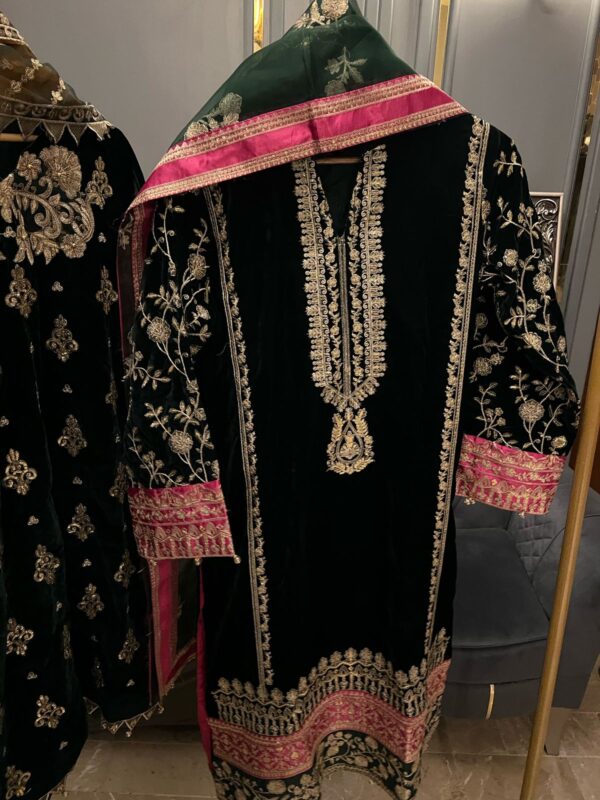 Velvet Embroidered Stitched 3-Piece Suit with Organza Dupatta & Silk Trousers - Image 3