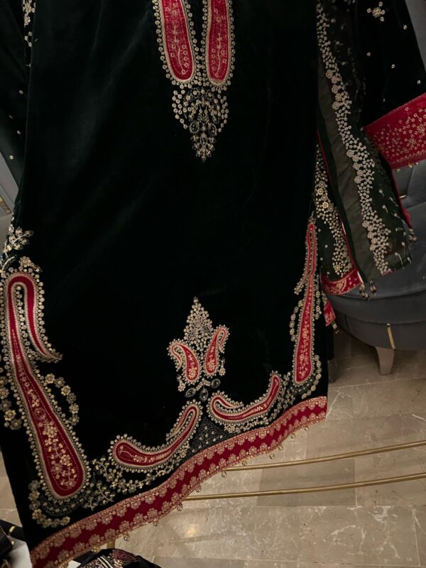 Velvet Heavy Handwork Stitched 3-Piece Suit with Chiffon Dupatta & Silk Trousers - Image 2