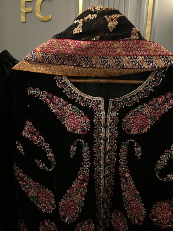 Heavy Embroidered Velvet Suit with Chiffon Dupatta & Silk Trousers - Image 5