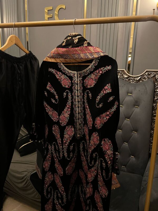 Heavy Embroidered Velvet Suit with Chiffon Dupatta & Silk Trousers