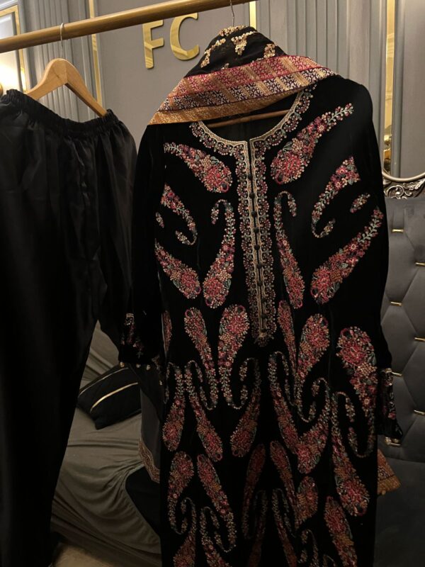 Heavy Embroidered Velvet Suit with Chiffon Dupatta & Silk Trousers - Image 3