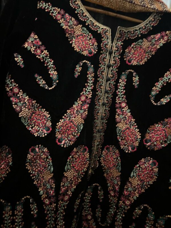 Heavy Embroidered Velvet Suit with Chiffon Dupatta & Silk Trousers - Image 2