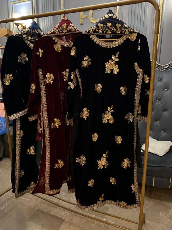 Luxury Velvet Embroidered Suit – With Chiffon Dupatta & Silk Trousers - Image 6