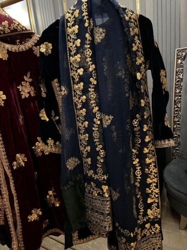 Luxury Velvet Embroidered Suit – With Chiffon Dupatta & Silk Trousers - Image 3