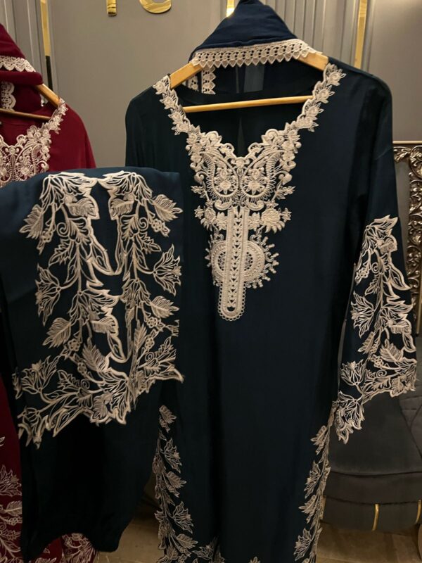 Silk Heavy Embroidered & Cutwork Full Daman Sleeves Embroidered & Cutwork Trousers Embroidered Chiffon Dupatta with Laces - Image 8