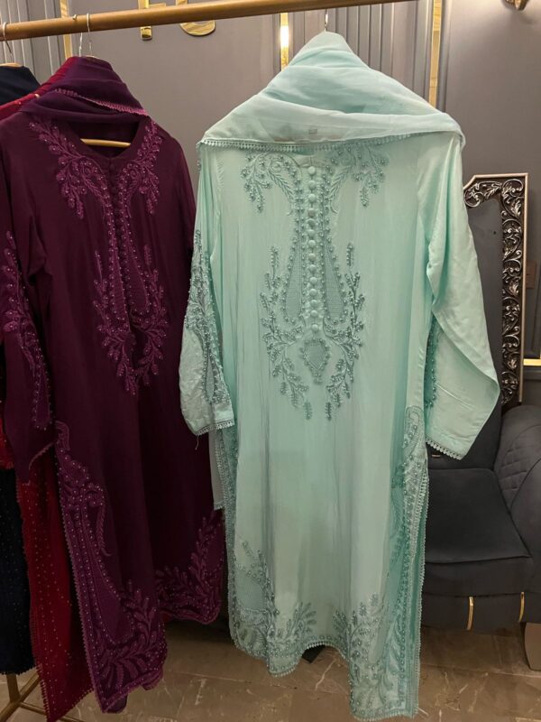 Embroidered Silk Shirt with pearlwork, Silk Trousers & Chiffon Laced Dupatta. - Image 4