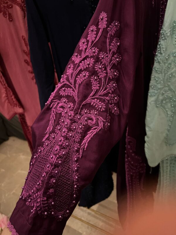 Embroidered Silk Shirt with pearlwork, Silk Trousers & Chiffon Laced Dupatta. - Image 3