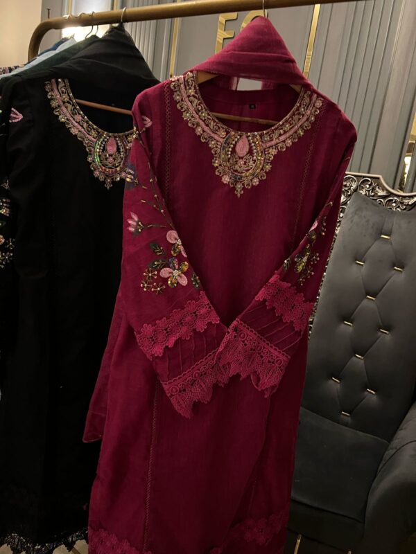 Khaddinet Handwork Muse & Handpainted Neckline Handwork with Laces And Designing  Long Shirt with Trousers - Image 5