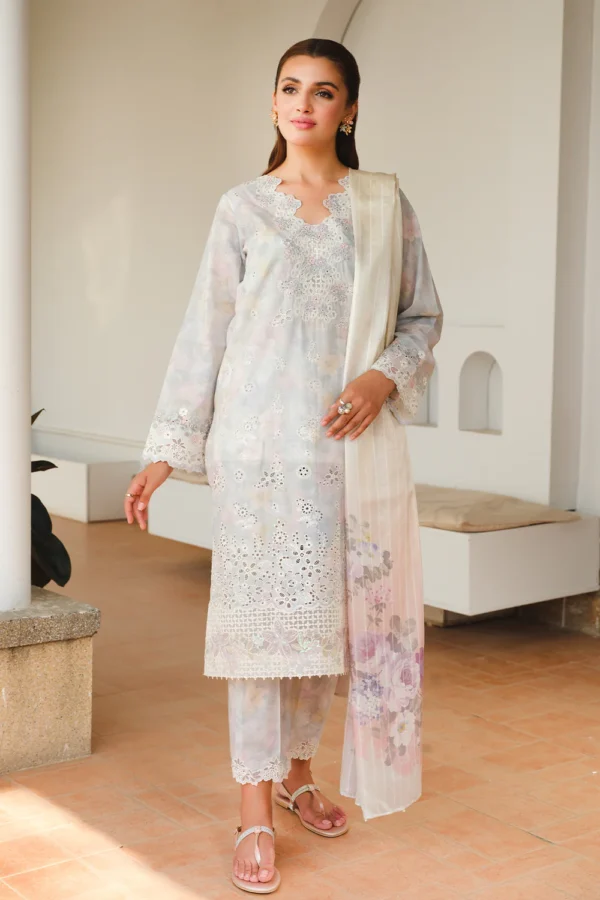 Lawn Embroidered & Lacework Stitched 3-Piece Printed Trousers & Chiffon Printed Dupatta