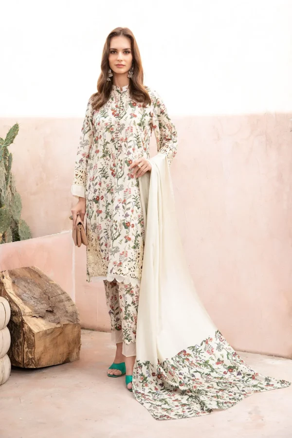 Lawn Embroidered & Lacework Stitched 3-Piece Printed Trousers & Chiffon Printed Dupatta