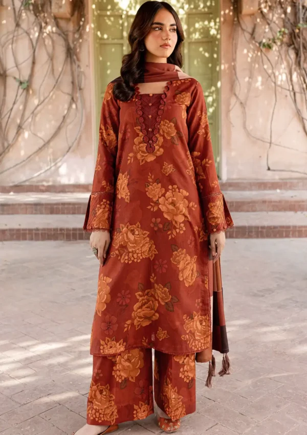 Lawn Embroidered & Lacework Stitched 3-Piece Printed Trousers & Chiffon Printed Dupatta