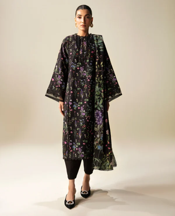 Lawn Embroidered & Lacework Stitched 3-Piece Printed Trousers & Chiffon Printed Dupatta