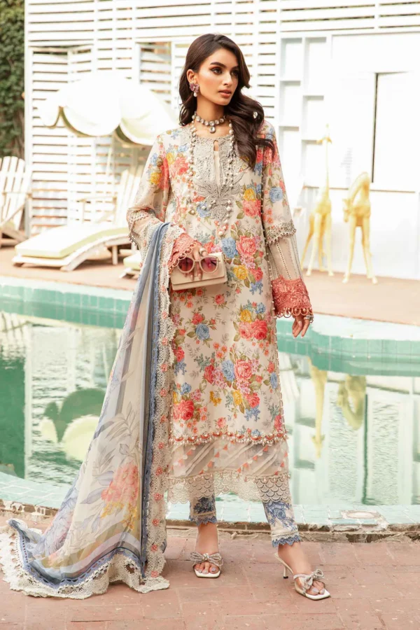 Lawn Embroidered & Lacework Stitched 3-Piece Printed Trousers & Chiffon Printed Dupatta