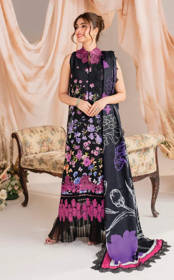 Lawn Embroidered & Lacework Stitched 3-Piece Printed Trousers & Chiffon Printed Dupatta