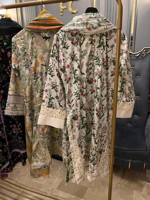 Lawn Embroidered & Lacework Stitched 3-Piece Printed Trousers & Chiffon Printed Dupatta - Image 2