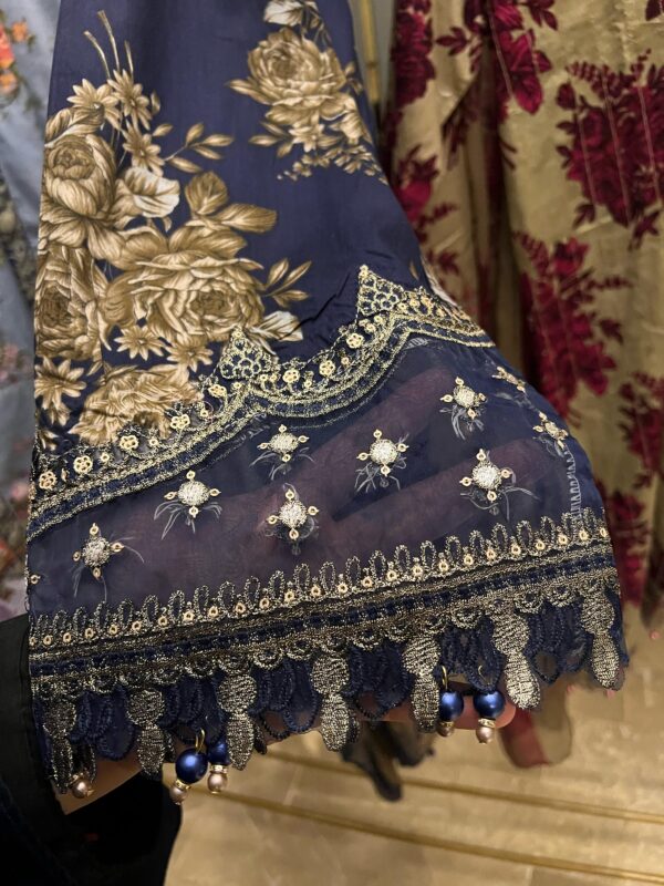 Lawn Embroidered & Lacework Stitched 3-Piece Printed Trousers & Chiffon Printed Dupatta - Image 4