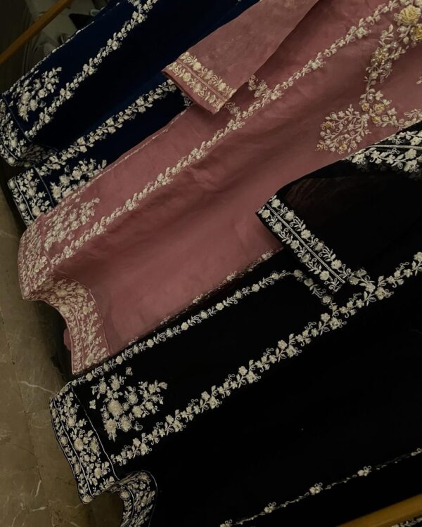 Khaadi Net Embroidery Handwork 3-Piece Khaddinet Dupatta  & raw silk trouser - Image 4