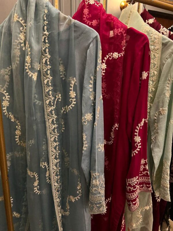 Beautiful Silk Heavy Embroidered Article Full Front & Sleeves Work  Full Heavy Jaal Dupatta Embroidered Silk Trousers - Image 4