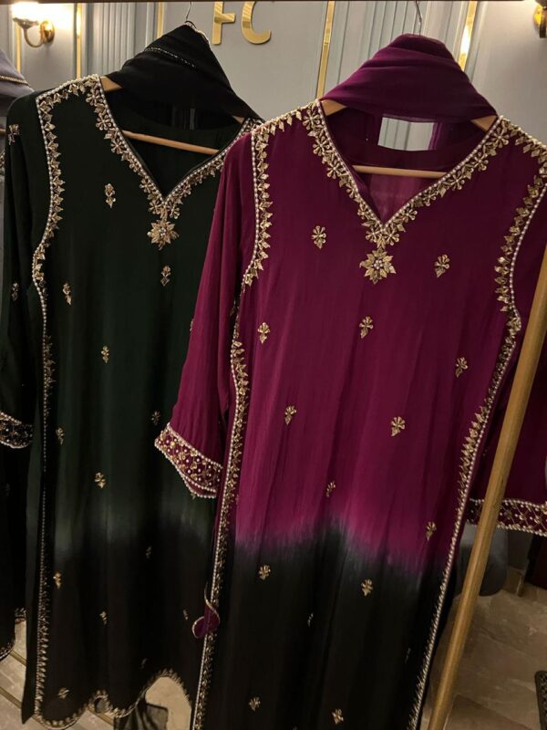 Silk Ombré Heavy Handwork Neckline Daman Chawks & Sleeves Zardozi Kora & Gota work Silk Trousers Chiffon Dupatta - Image 5