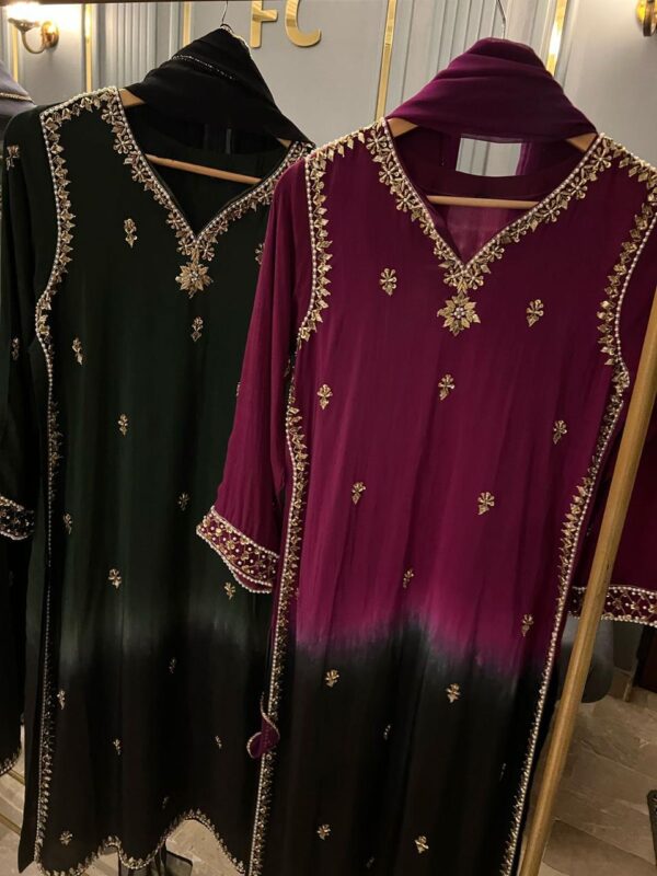 Silk Ombré Heavy Handwork Neckline Daman Chawks & Sleeves Zardozi Kora & Gota work Silk Trousers Chiffon Dupatta - Image 4