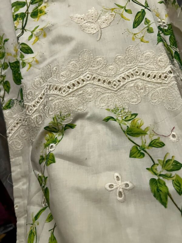 Lawn Embroidered & Lacework Stitched 3-Piece Printed Trousers & Chiffon Printed Dupatta - Image 4