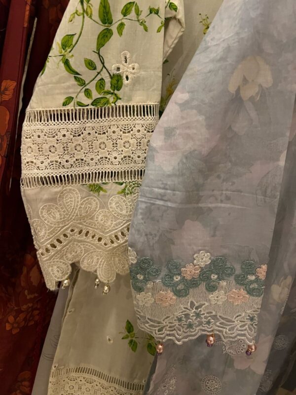 Lawn Embroidered & Lacework Stitched 3-Piece Printed Trousers & Chiffon Printed Dupatta - Image 7