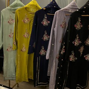 Silk heavy handwork muse article  Complete front handwork  Sleeves work  Full dupatta sequence work  Silk trousers