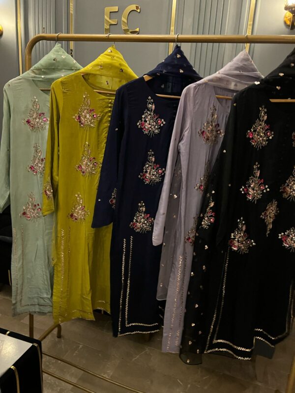 Silk heavy handwork muse article  Complete front handwork  Sleeves work  Full dupatta sequence work  Silk trousers