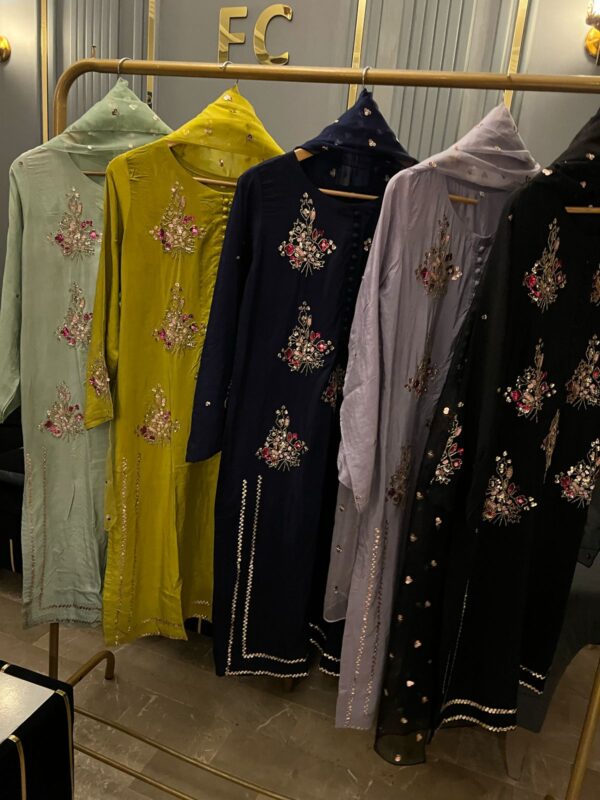 Silk heavy handwork muse article  Complete front handwork  Sleeves work  Full dupatta sequence work  Silk trousers - Image 2