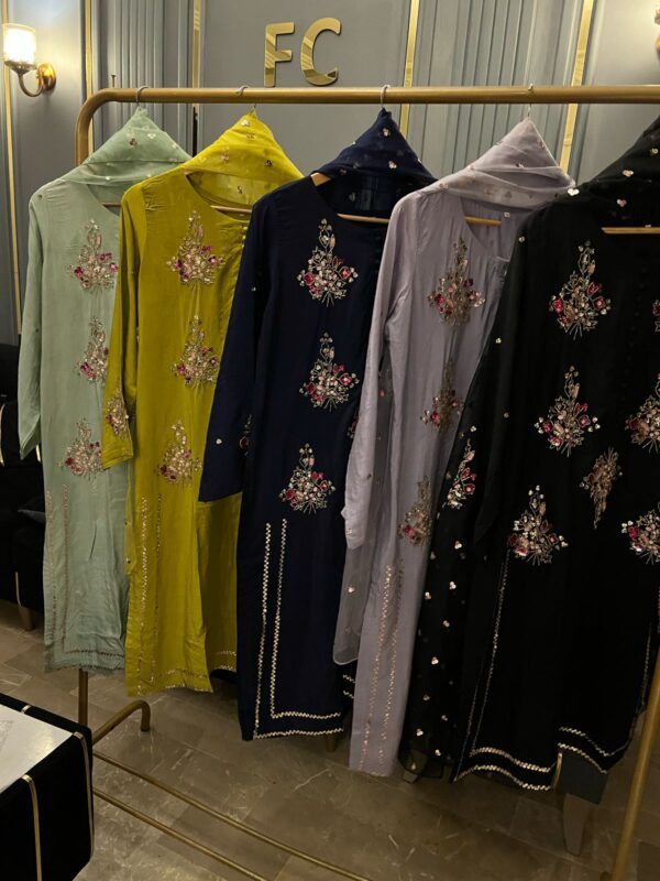 Silk heavy handwork muse article  Complete front handwork  Sleeves work  Full dupatta sequence work  Silk trousers - Image 3