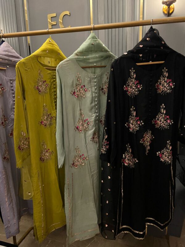Silk heavy handwork muse article  Complete front handwork  Sleeves work  Full dupatta sequence work  Silk trousers - Image 4