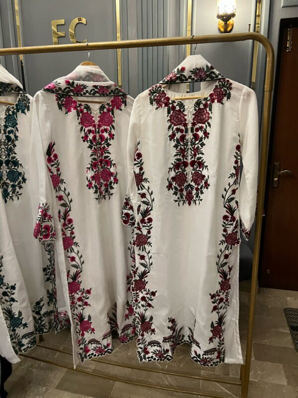 New Arrivals Chiffon Heavy Embroidered Article Heavy Appliqué Work All Over Shirt Full Chiffon Embroidered Dupatta  Silk Trousers - Image 2