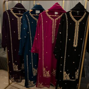 New Arrival – Aghanoor-Inspired Chiffon Shirt with heavy hand-done Zardozi work Double Daman Border Duppata & trouser